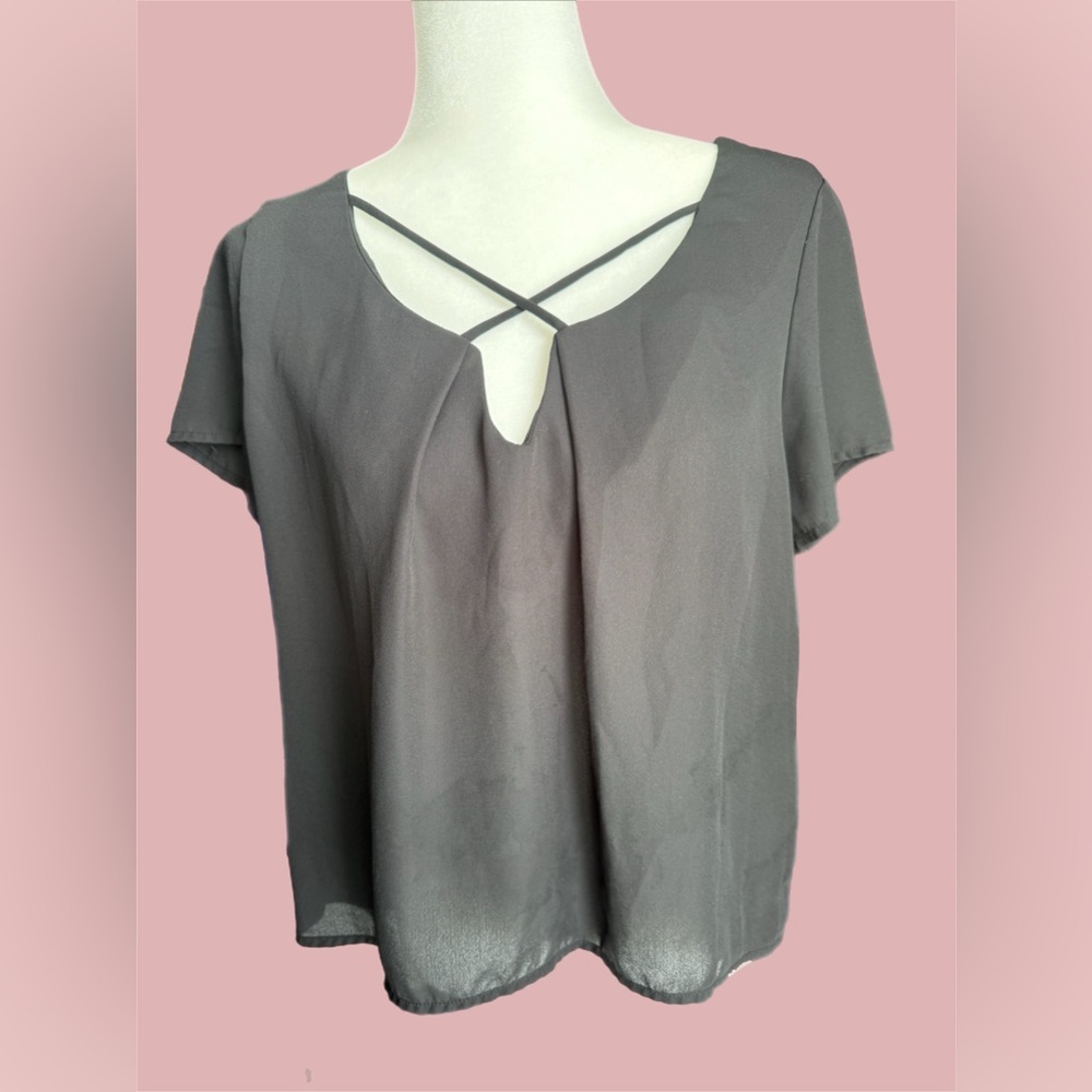 ADC Sheer Black Blouse with Criss Cross Front Size L